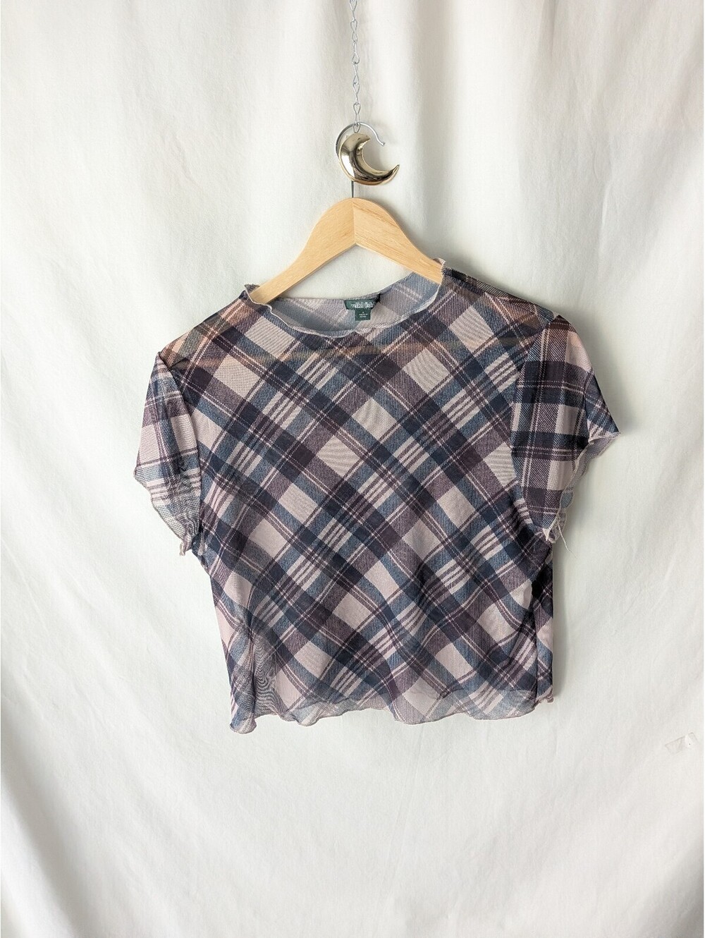 Wild Fable Sheer Plaid Mesh Short Sleeve Top